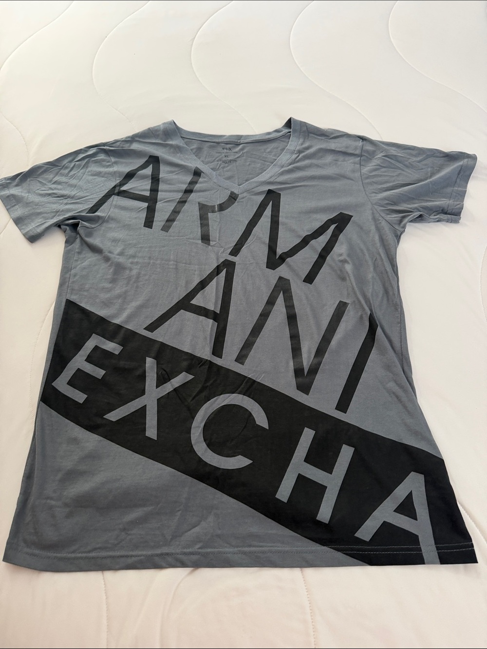Armani Exchange Gray V-Neck Tee with Black Diagonal Logo